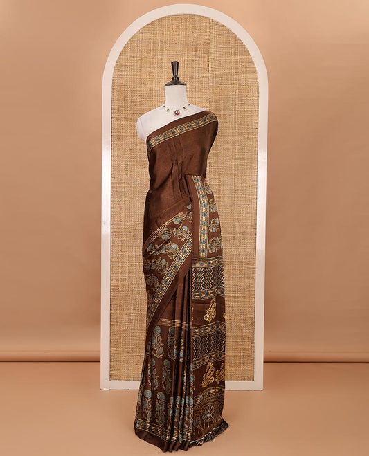 Purple handblock-style dots & floral digital printed skirt-border gajji silk saree, floral-geometric print pallu & matching chevron printed blouse
