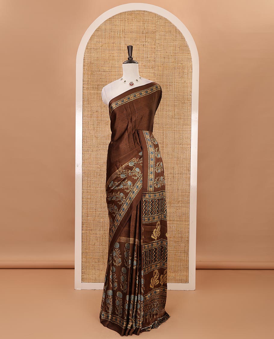 Purple handblock-style dots & floral digital printed skirt-border gajji silk saree, floral-geometric print pallu & matching chevron printed blouse