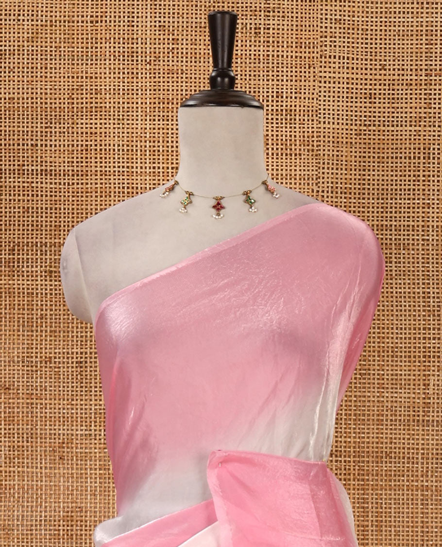 Borderless baby pink tie-dye-style printed fendy satin saree, self-pallu with tassels & plain blouse
