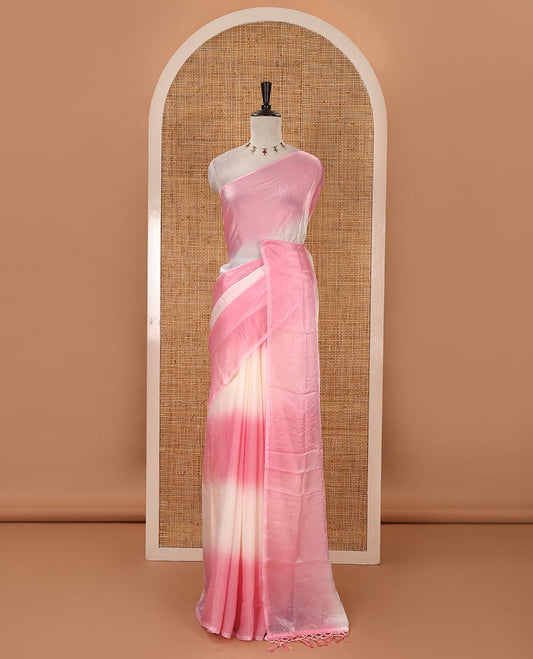 Borderless baby pink tie-dye-style printed fendy satin saree, self-pallu with tassels & plain blouse