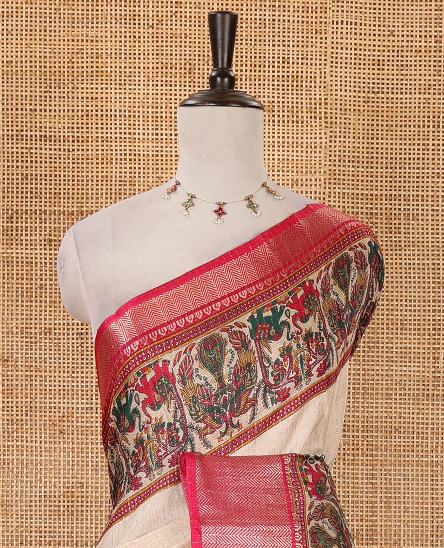 Chikku zari striped & printed dola silk saree, contrast rani pink traditional zari border & pallu of elephant & peacock print & contrast printed blouse