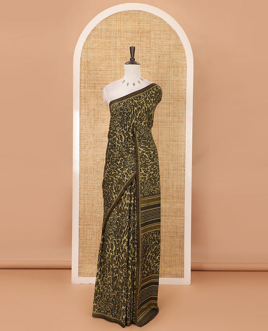 Olive green leopard animal-skin-style printed satin crepe saree, printed piping border & printed blouse