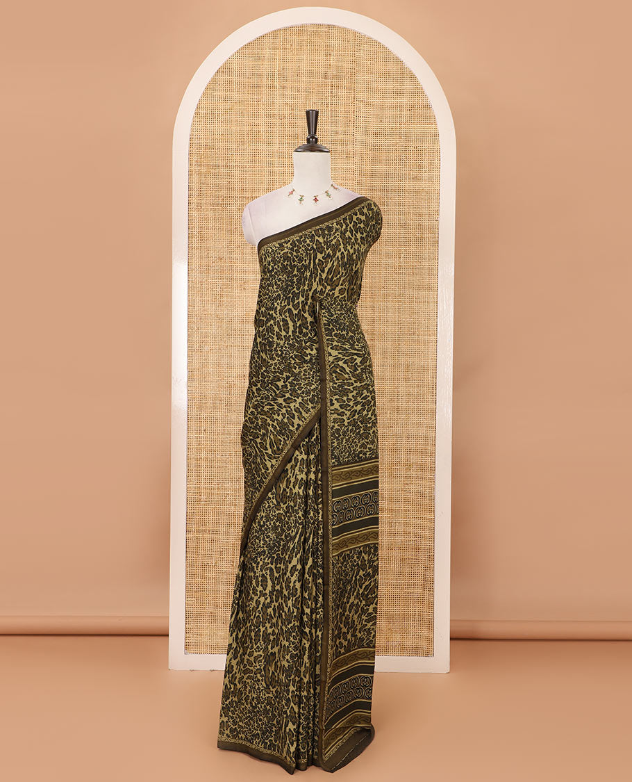 Olive green leopard animal-skin-style printed satin crepe saree, printed piping border & printed blouse