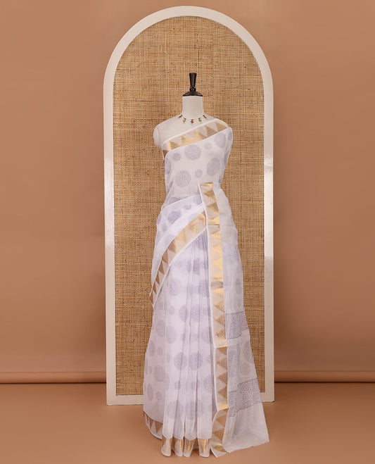 White-violet  circular motifs printed mercerised cotton saree, temple zari border, circular motifs printed pallu & matching zari border blouse