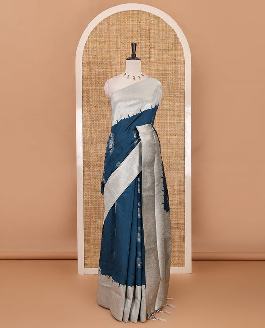 Blue silver zari manga buttas Elite soft silk saree, contrast traditional zari border, intricate zari pallu & contrast zari buttas blouse