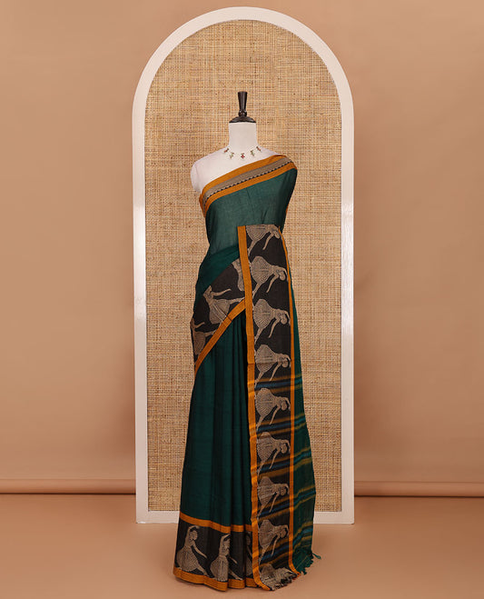 Green full-plain Mercerised cotton saree, contrast resham  thread dancing Bharatanatyam girl motifs woven border, striped pallu & plain blouse
