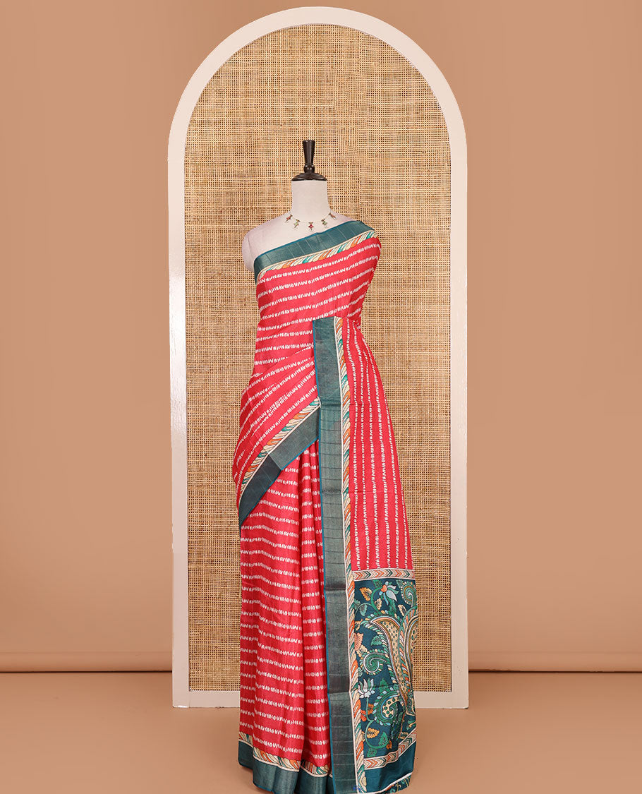 Pink shibori-style printed soft-tussar saree, contrast zari border, kalamkari peacock printed pallu & kalamkari floral vine print contrast blouse