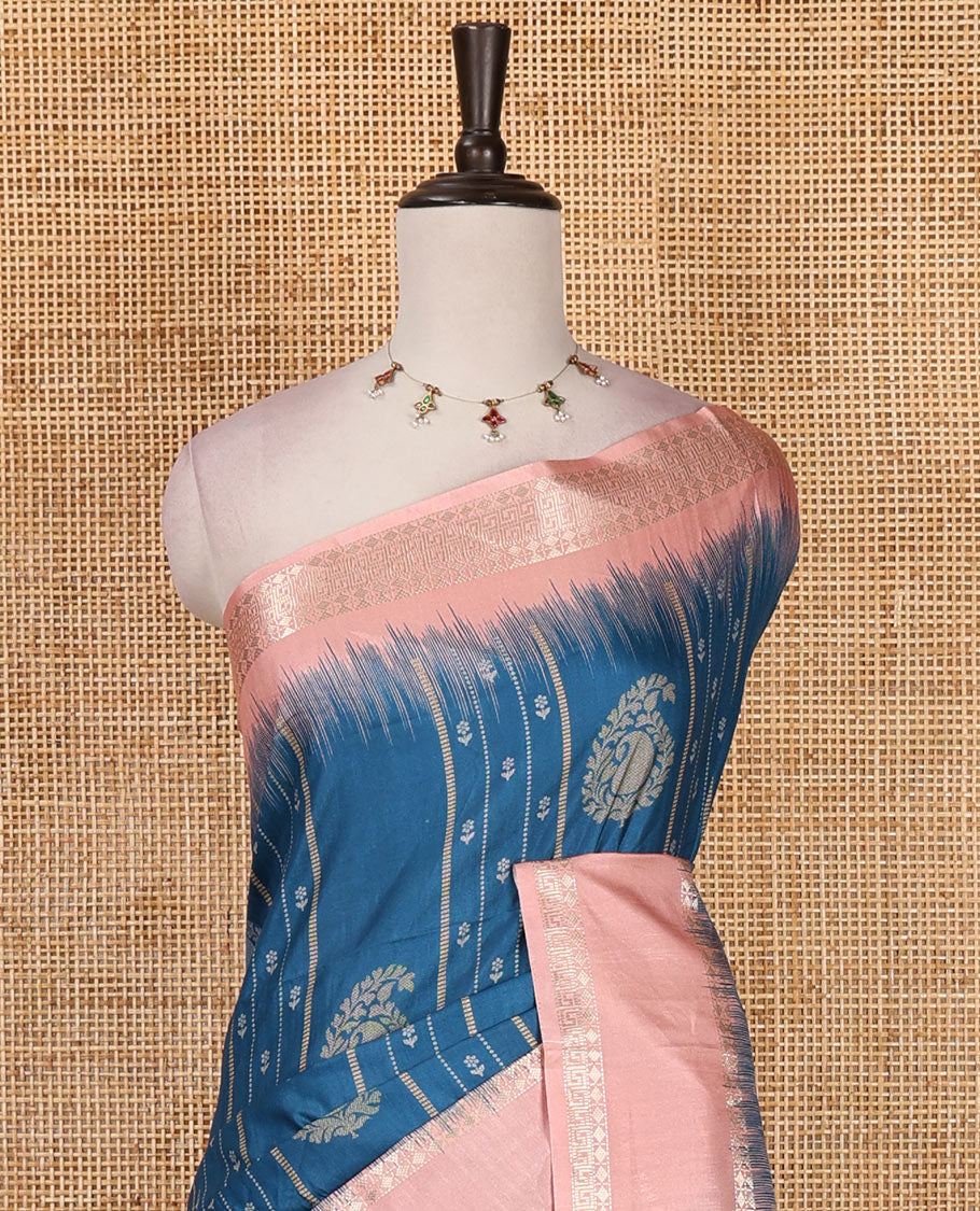 Blue floral, manga and striped katan silk saree, contrast rettai pettu temple border of diamond and Greek key design, jaal pallu, and contrast printed blous