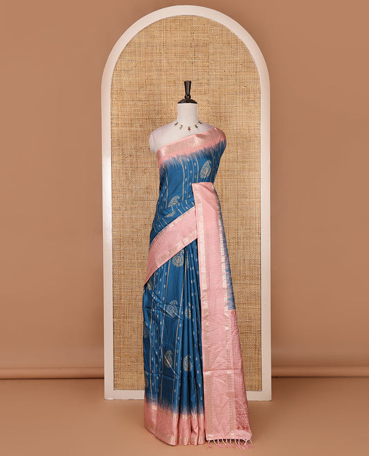 Blue floral, manga and striped katan silk saree, contrast rettai pettu temple border of diamond and Greek key design, jaal pallu, and contrast printed blous