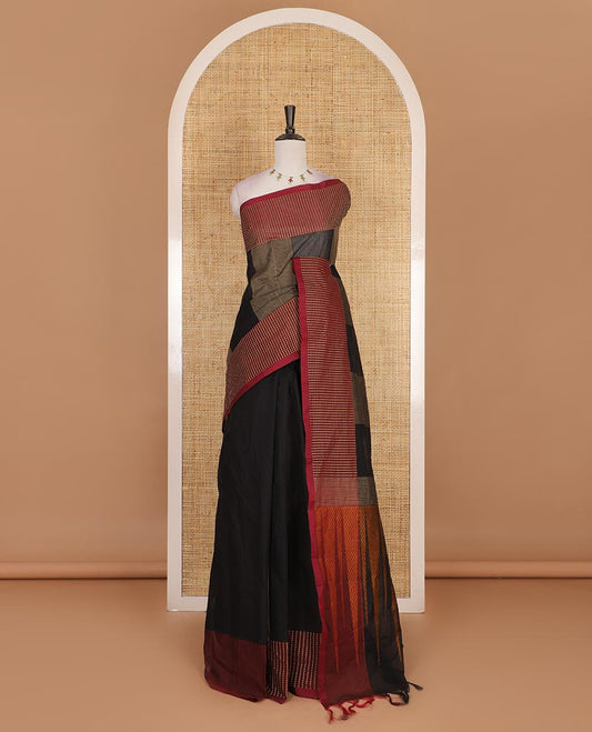 Black thread woven veldhari striped Handloom cotton saree, contrast polka dots thread border, temple pallu, and matching plain blouse