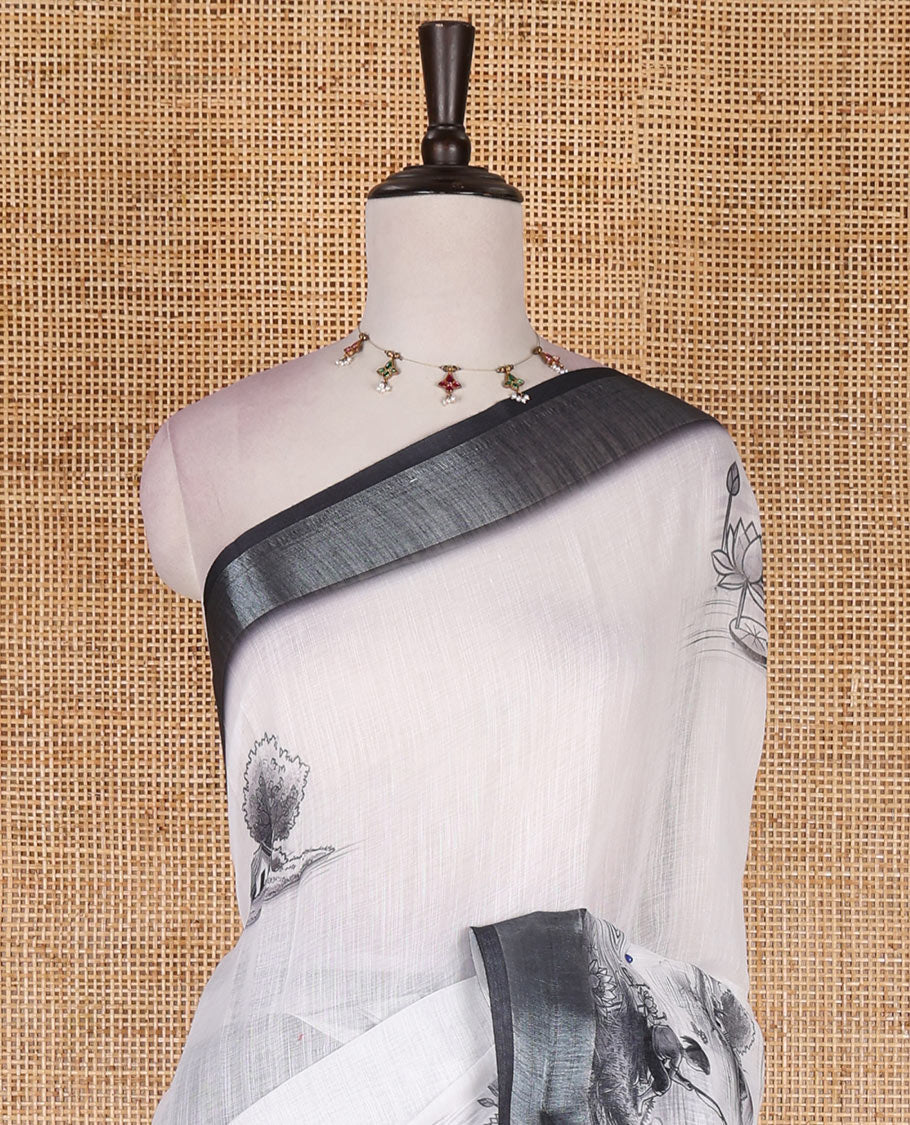 White natural scenery painting style printed linen cotton saree with contrast bavanji border, scenery printed pallu, and printed blouse