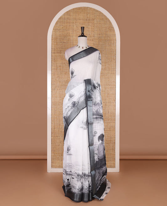 White natural scenery painting style printed linen cotton saree with contrast bavanji border, scenery printed pallu, and printed blouse
