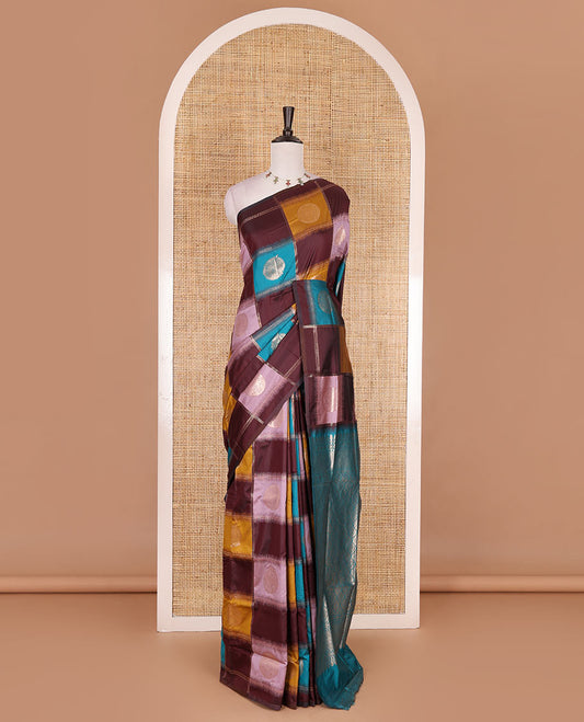 Borderless wine chakra buttas enclosed, checked elite soft silk saree, contrast ogee patterned pallu, and contrast zari design blouse