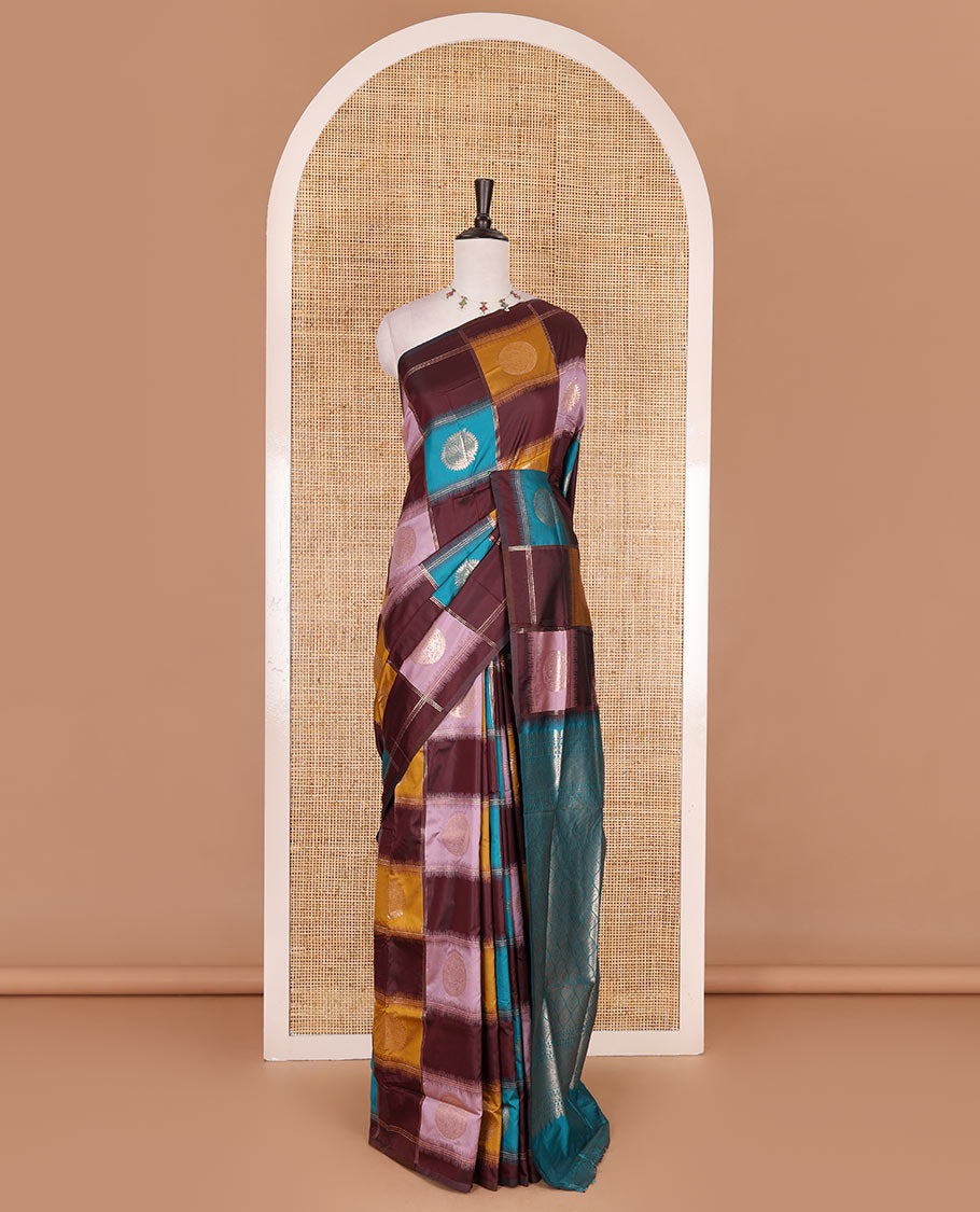 Borderless wine chakra buttas enclosed, checked elite soft silk saree, contrast ogee patterned pallu, and contrast zari design blouse