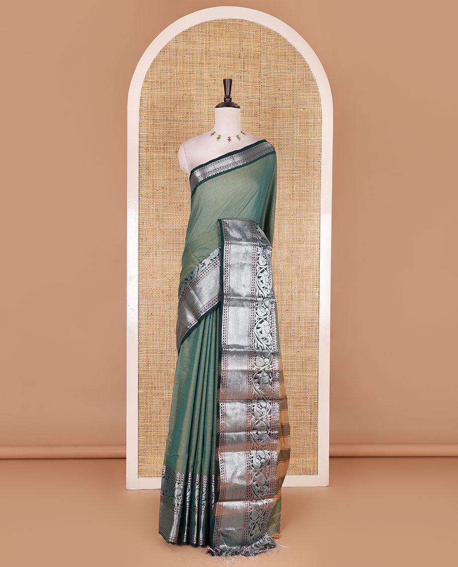 Green plain mercerised cotton saree, contrast traditional zari border of elephant and peacock designs, striped pallu, and plain blouse