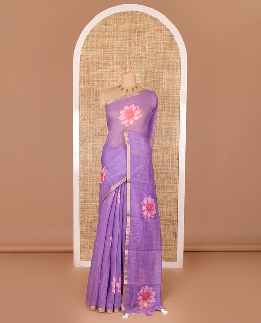 Lavender daisy floral printed linen cotton saree, gold zari piping border, daisy floral printed pallu, and matching  floral printed blouse