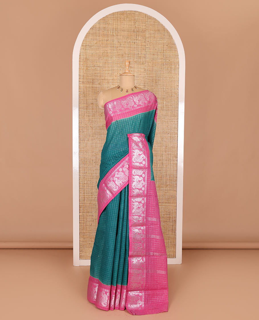Rama checked sungudi cotton saree, contrast silver zari peacock motif border, striped pallu, and a contrast checked blouse