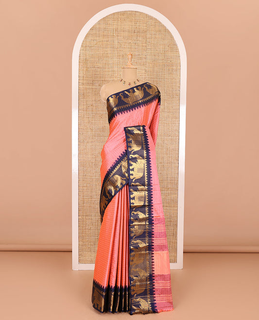 Pink zari checked semi-taffeta saree, contrast satin temple border of elephant motifs, striped pallu, and a contrast striped blouse