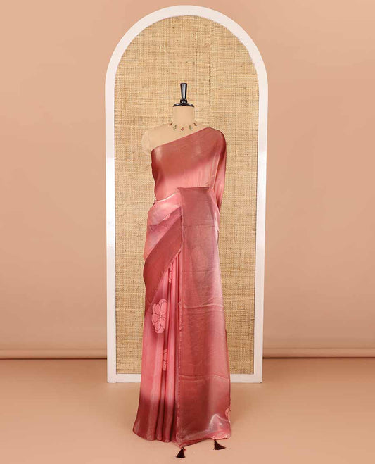 Borderless peach floral motifs printed fendy satin saree with a self-pallu and a matching blouse