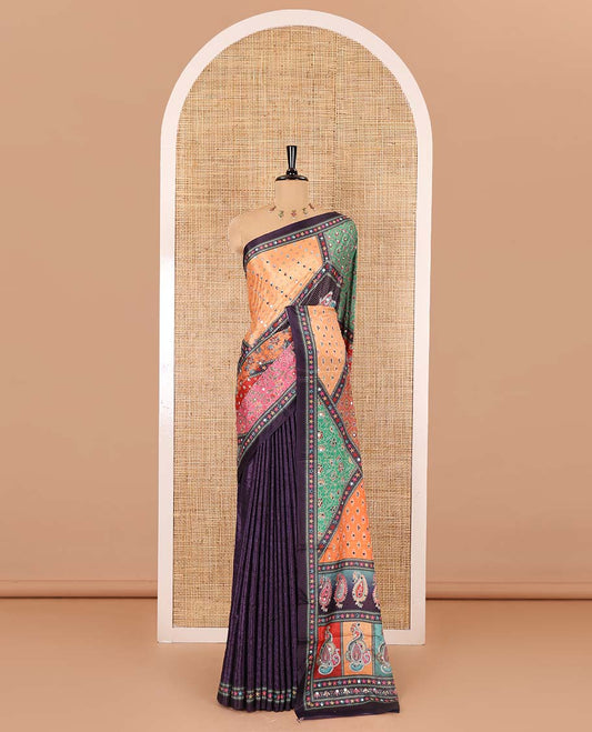 Purple geometric and paisleys printed with mirror work masakali saree, self-border, printed and mirror work pallu, and a matching blouse