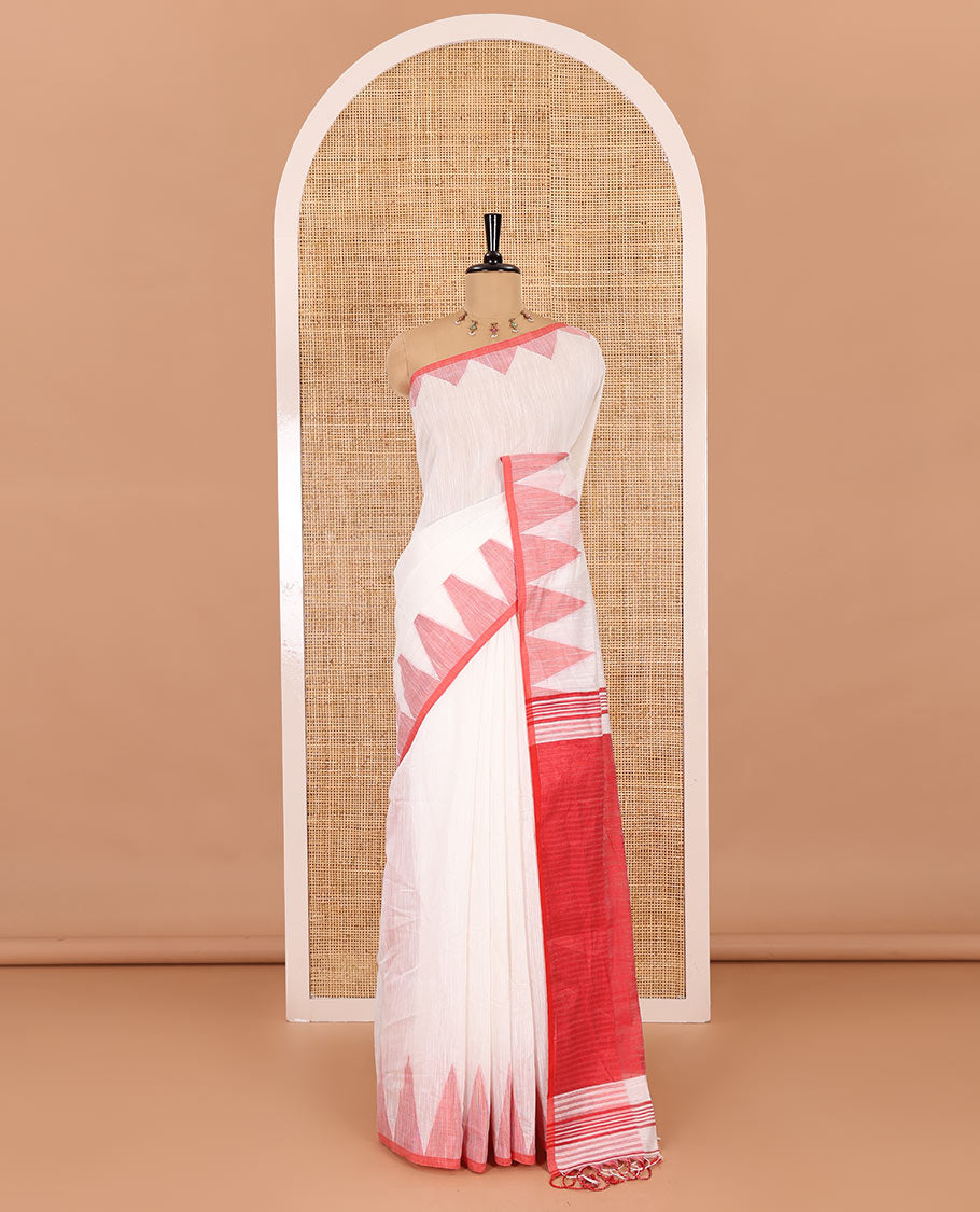 Half-white and red plain khadi mul cotton saree, contrast thread temple border, plain pallu, and a contrast plain blouse