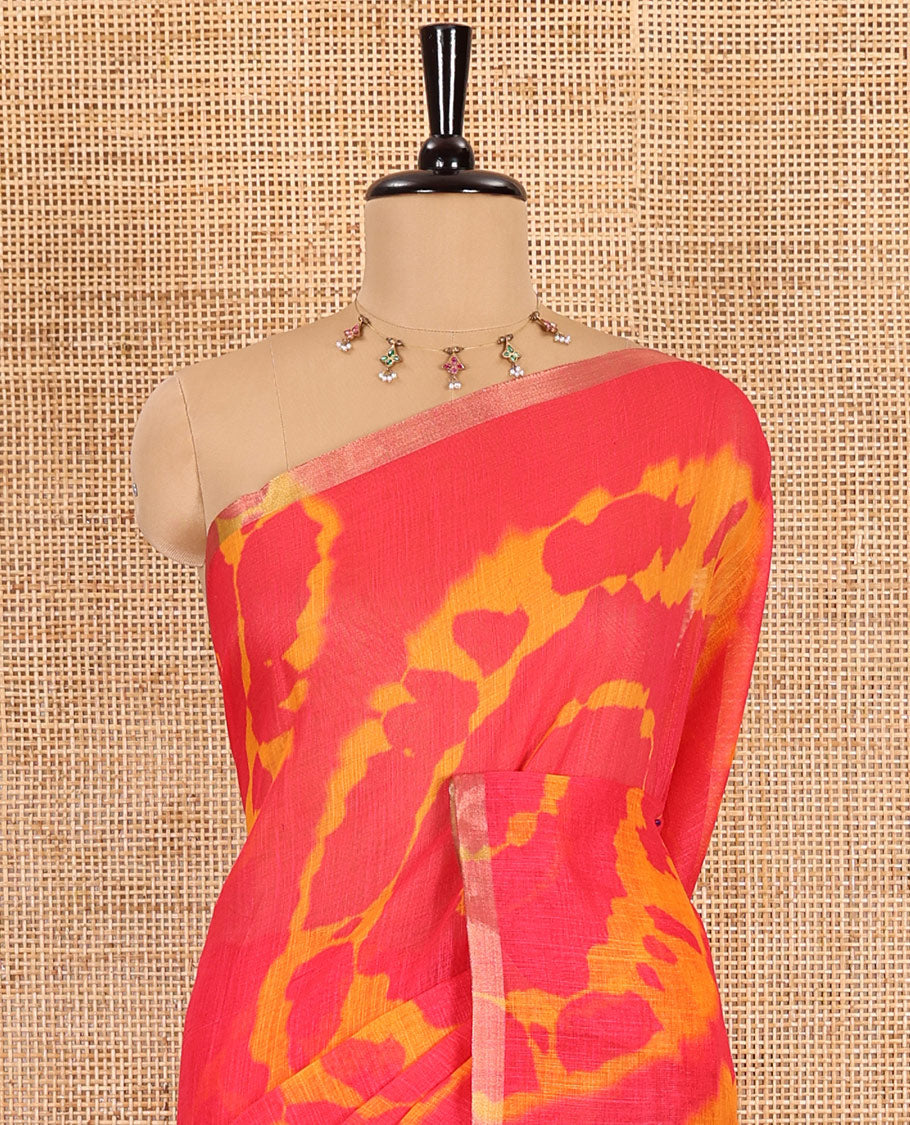 Borderless pink big circle shibori printed linen cotton saree, contrast sanganeri floral block printed pallu, and a contrast printed blouse