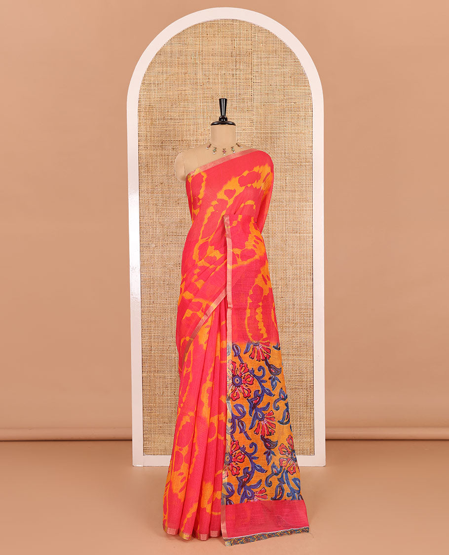 Borderless pink big circle shibori printed linen cotton saree, contrast sanganeri floral block printed pallu, and a contrast printed blouse