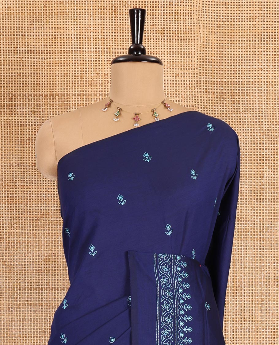Blue floral buttas embroidered South cotton saree, embroidered border, embroidered pallu, and a matching blouse