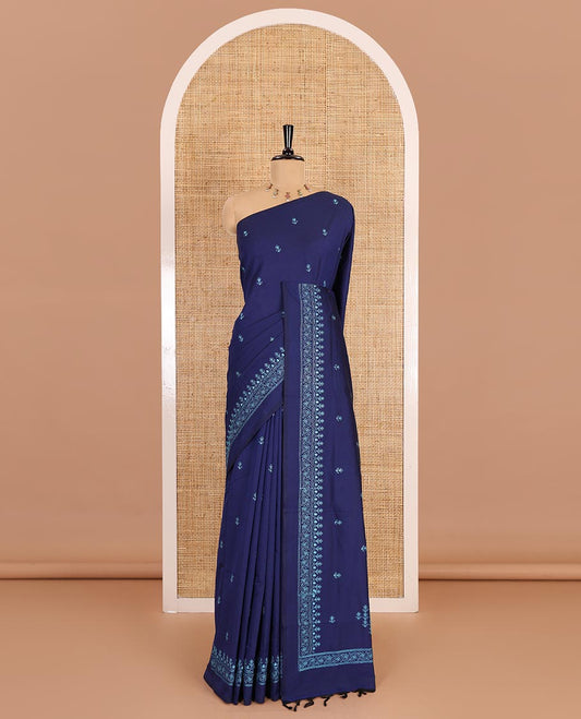 Blue floral buttas embroidered South cotton saree, embroidered border, embroidered pallu, and a matching blouse