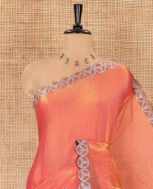 Pink plain fendy chiffon saree, scallop micro stone border, intricate stone work pallu, and a matching micro-stone blouse