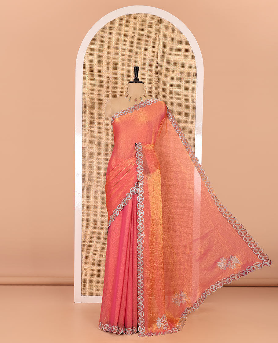 Pink plain fendy chiffon saree, scallop micro stone border, intricate stone work pallu, and a matching micro-stone blouse