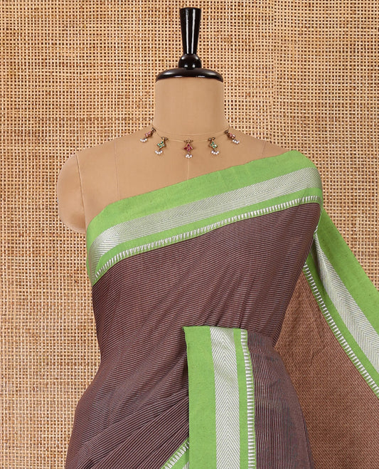 Brown horizontal striped mercerised cotton saree, contrast thread woven temple border, striped pallu, and a matching blouse