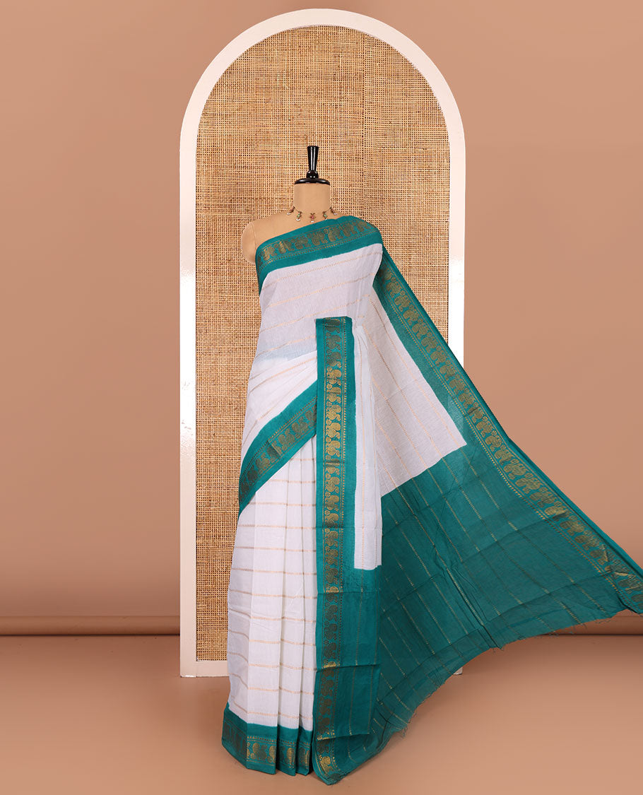 Half-white and rama Veldhari striped Sungudi cotton saree, contrast traditional border of peacock buttas, zari striped pallu, and a contrast blouse