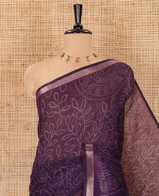Dark violet bandhani-style floral and chakra printed saree, zari piping border, contrast ajrakh printed pallu, and contrast ajrakh printed blouse