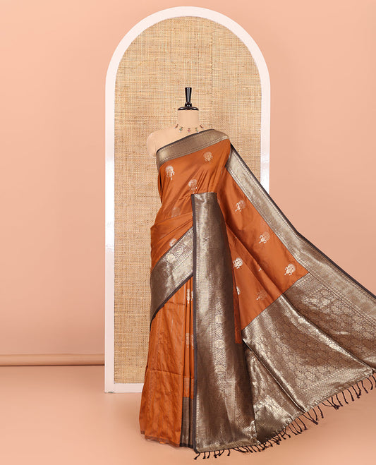 Rust orange zari buttas kanchi soft-silk saree, contrast traditional zari design border, intricate Mughal-style pallu, and a contrast zari design blouse