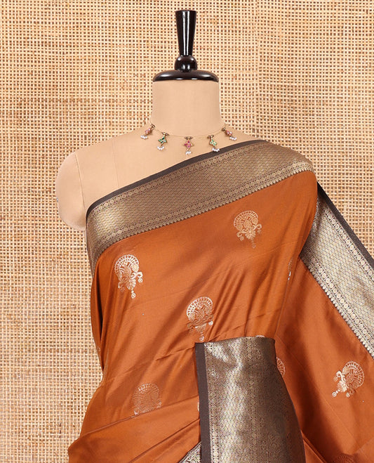 Rust orange zari buttas kanchi soft-silk saree, contrast traditional zari design border, intricate Mughal-style pallu, and a contrast zari design blouse