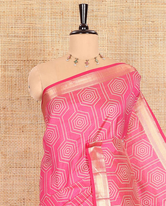 Pink Semi-Tussar Saree Subtly Sparked with Hexagonal Geometric Patterns Printed All Over Its Body, Featuring Traditional Zari Design Border, Gleaming Zari Striped Pallu, and a Matching Blouse