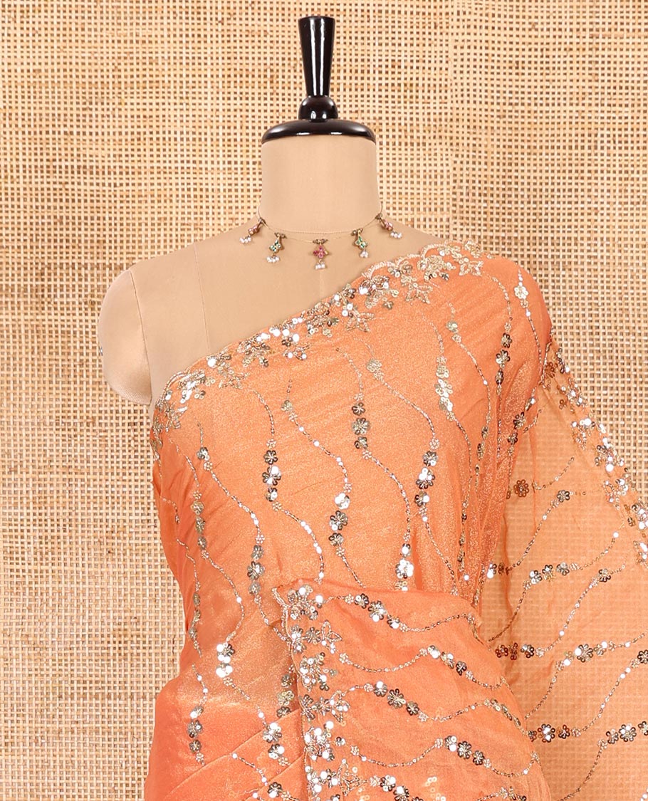 Orange Shimmer Chiffon Saree Elegantly Accentuated with Sequins and Thread-Woven Ogee Patterns All Over the Body, Featuring a Scalloped Sequins Work Border, and Paired with a Matching Blouse Embellished with Sequins Work