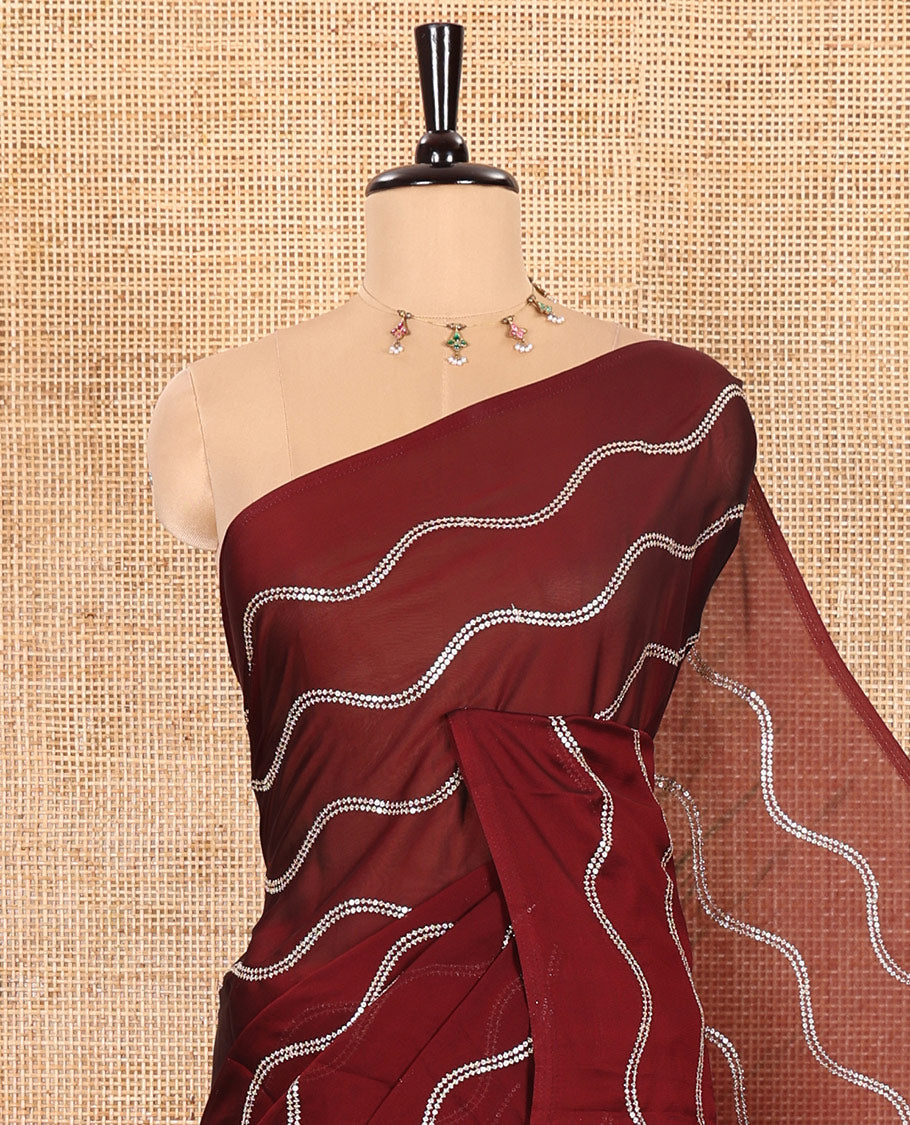 Borderless Maroon Rangoli Chiffon Saree Featuring Sequins-Embroidered Zig-Zag Stripes Woven Across Its Body and Pallu, Comes Without a Blouse