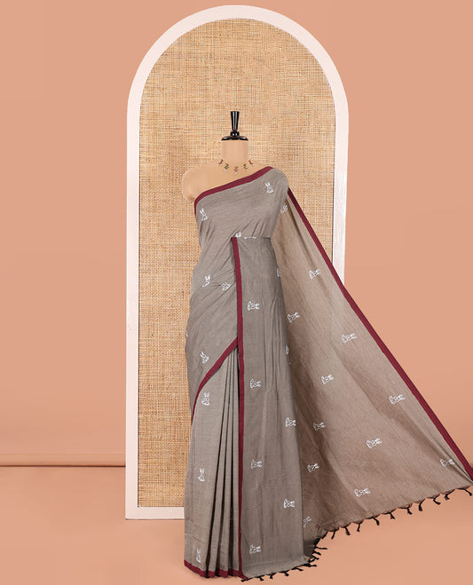 Grey South Cotton Saree Featuring Bunny Motifs Print, Highlighted with a Contrast Piping Border, and a Contrast Paisley Vine Block Printed Blouse