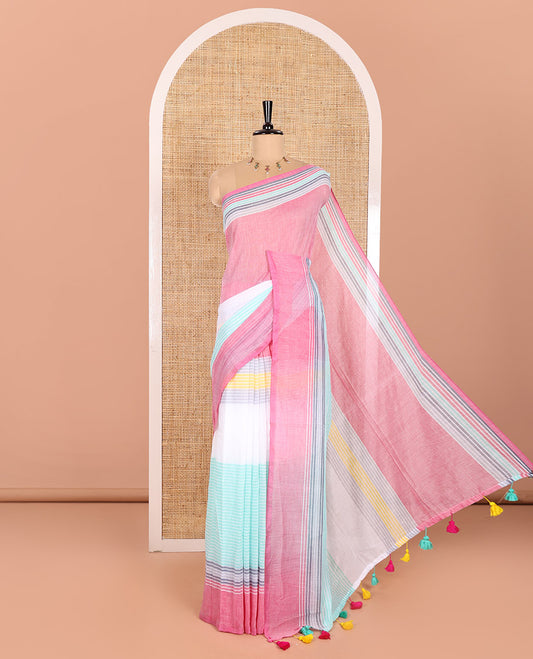 White and Pink Khadi Mul Cotton Saree Subtly Sparkled with Multi-Color Stripes Running All Over Its Body, Self-Pallu Features Colorful Tassels, and Paired with a Matching Blouse