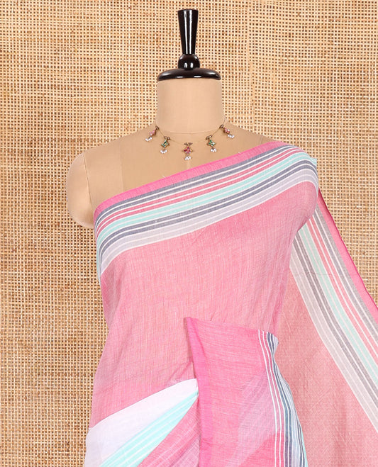 White and Pink Khadi Mul Cotton Saree Subtly Sparkled with Multi-Color Stripes Running All Over Its Body, Self-Pallu Features Colorful Tassels, and Paired with a Matching Blouse