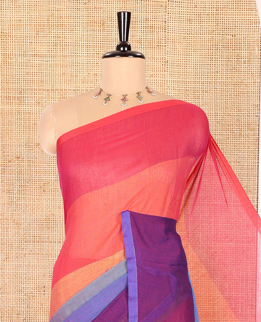 Borderless Multi-Colored Khadi Mul Cotton Saree Bedecked with Rainbow-Style Stripes All Over the Saree, Subtly Sparkled Colorful Tassels, and Paired with a Matching Blouse