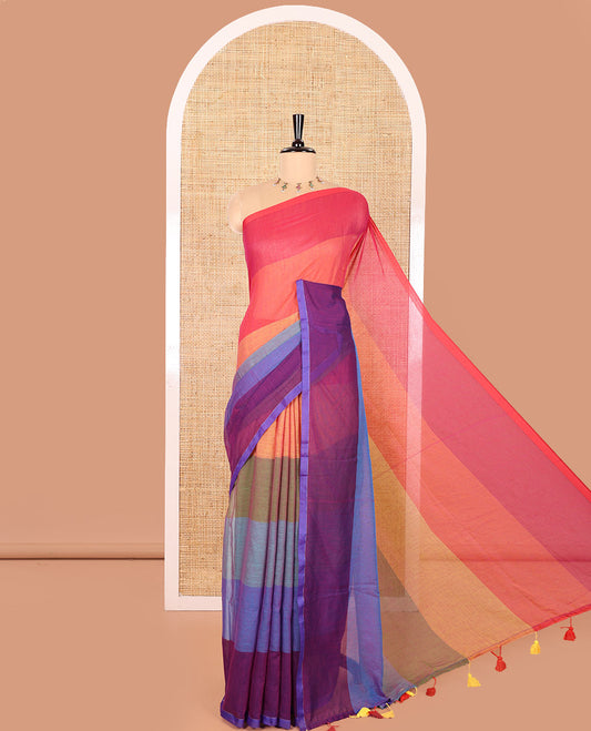 Borderless Multi-Colored Khadi Mul Cotton Saree Bedecked with Rainbow-Style Stripes All Over the Saree, Subtly Sparkled Colorful Tassels, and Paired with a Matching Blouse