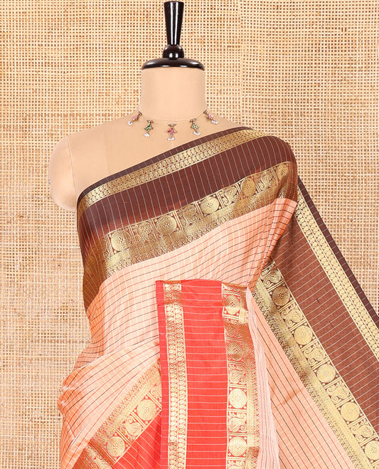Peach Semi-Soft Silk Saree Adorned with Micro-Checks on Its Body, Complemented by a Contrast Rettai Pettu Zari Border of Paisley, and Chakram Designs, Subtly Striped Pallu, and Paired with a Running Blouse