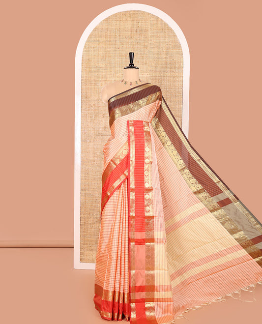 Peach Semi-Soft Silk Saree Adorned with Micro-Checks on Its Body, Complemented by a Contrast Rettai Pettu Zari Border of Paisley, and Chakram Designs, Subtly Striped Pallu, and Paired with a Running Blouse