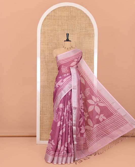 Pink Linen Cotton Saree, Beautified with Floral Leaf Motifs Printed on Its Body, Subtle Bavanji Border, Pallu Features Floral Print and Stripes, and Paired with a Matching Blouse