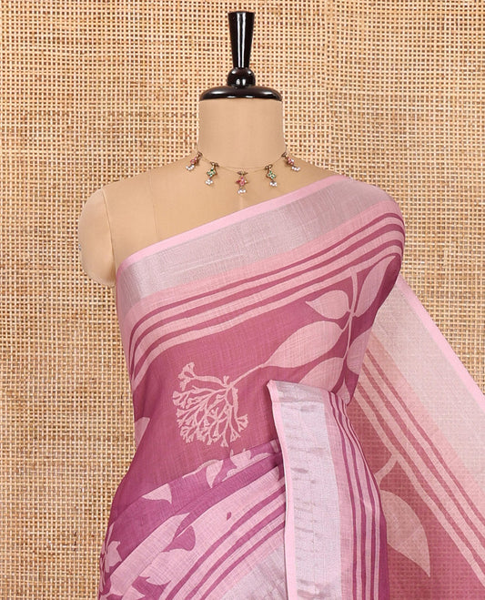 Pink Linen Cotton Saree, Beautified with Floral Leaf Motifs Printed on Its Body, Subtle Bavanji Border, Pallu Features Floral Print and Stripes, and Paired with a Matching Blouse