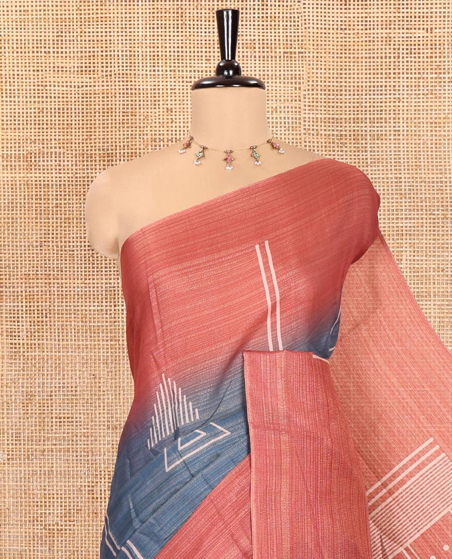 Blue Tissue Saree, Accentuated with Horizontal Stripes and Geometric Motifs Printed All Over Its Body, Complemented by a Contrast-Printed Border, Pallu Depicts Geometric Patterns, and Paired with a Contrast Geometric Printed Blouse