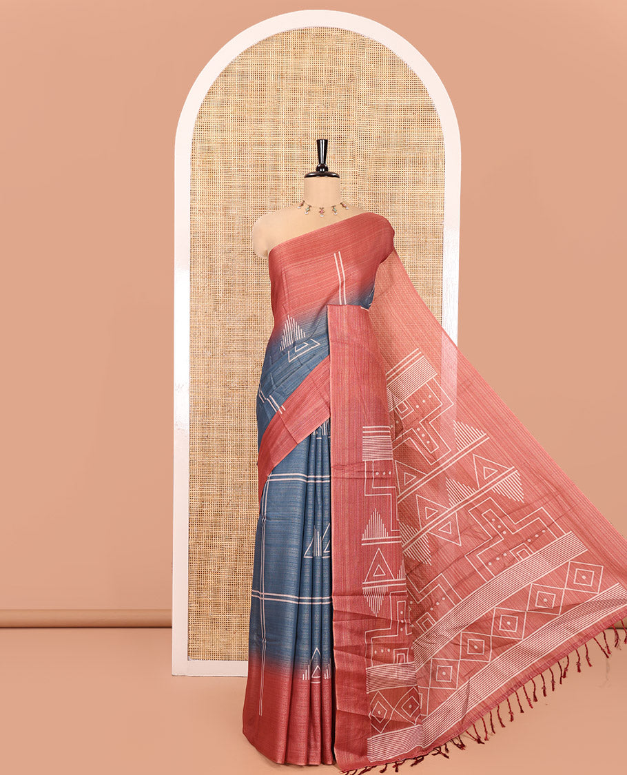 Blue Tissue Saree, Accentuated with Horizontal Stripes and Geometric Motifs Printed All Over Its Body, Complemented by a Contrast-Printed Border, Pallu Depicts Geometric Patterns, and Paired with a Contrast Geometric Printed Blouse